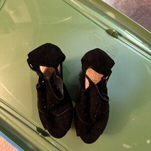 Caged black faux suede wedges size 8